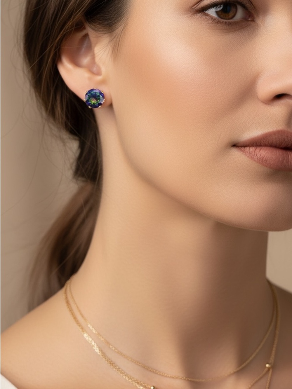 18k Gold Plated Multicolour Mystic Round CZ Stud Earrings. New.